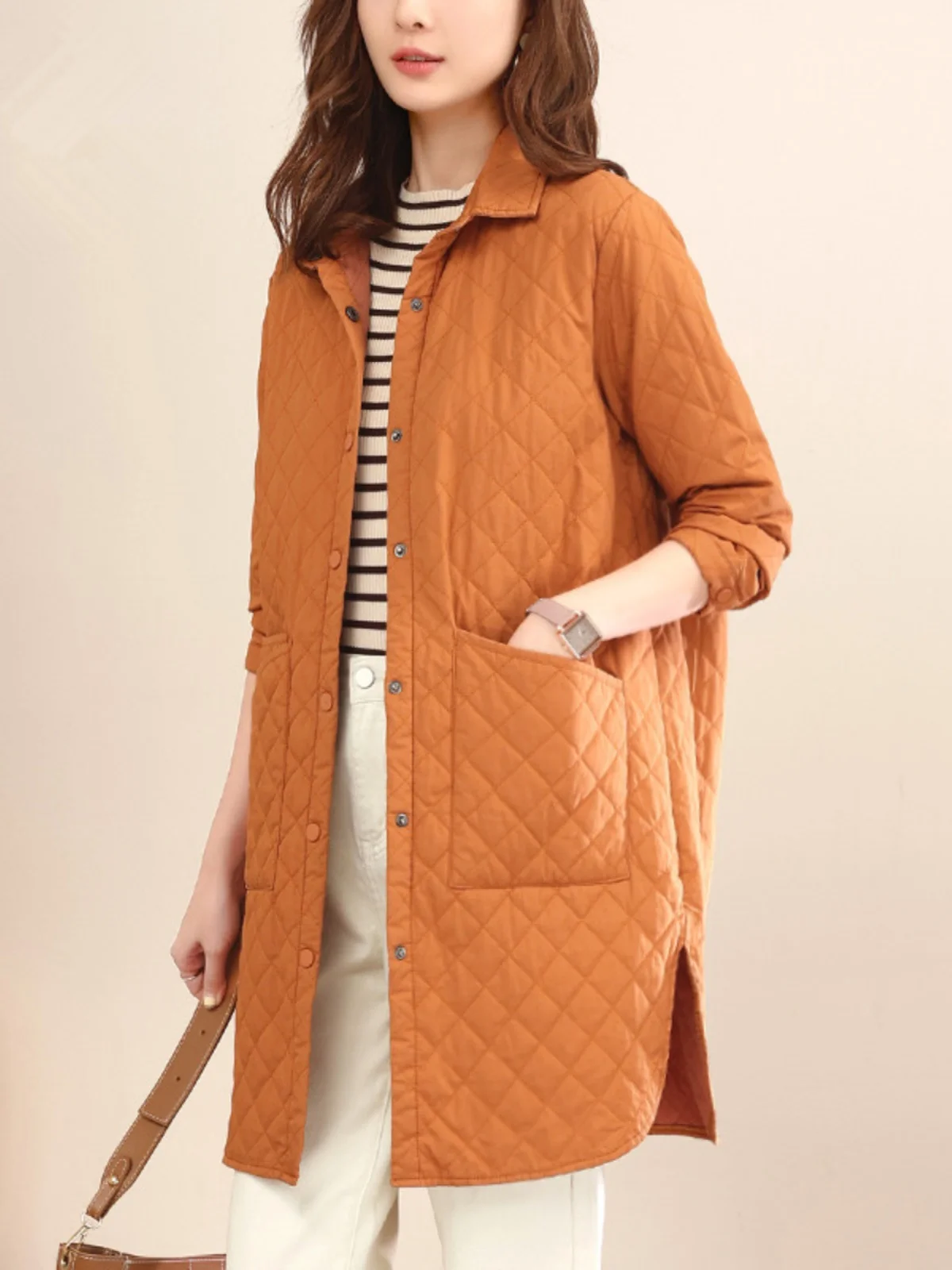 

Легкая хлопковая куртка с подкладкой, женская модная универсальная хлопковая верхняя одежда на пуговицах в стиле ретро с ромбовидным узором средней длины