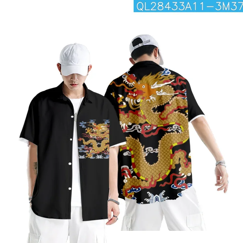 

Fashion Hawaiian Beach Shirt New Men's Casual Black Dragon Shirt Short Sleeve Button Turn-down Collar Shirt