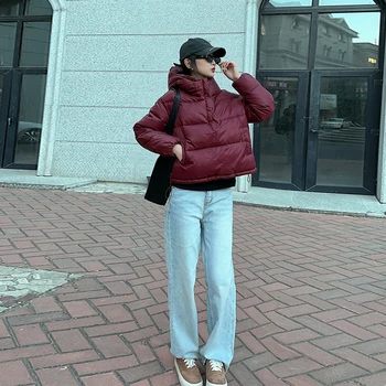 풀오버 짧은 후드 다운 코트 여성 2023 가을과 겨울 유행 반 지퍼 따뜻한면 패딩 재킷 한국 스타일 여성면 재킷 패션 