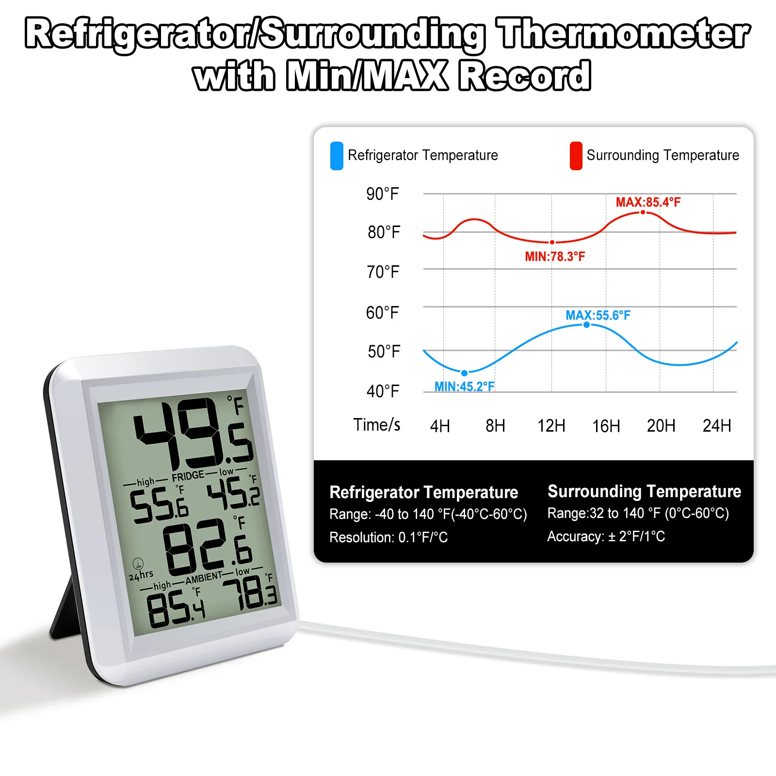 

Dual Sensor Refrigerator Freezer Thermometer Digital Indoor/Outdoor Temperature Monitor with Probe LCD Display °C/°F Selectable