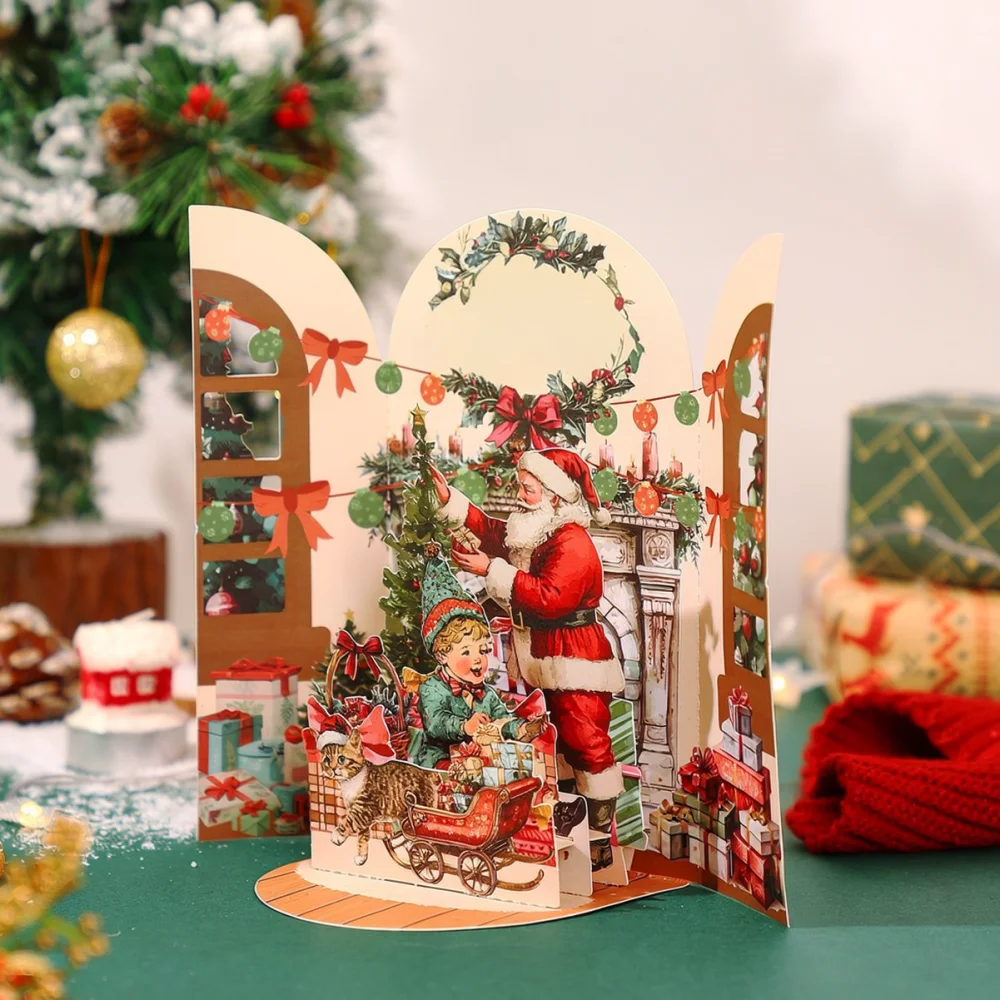 Unique 3D Christmas Card Santa Claus Retro Fireplace Pop Up Paper Sculpture Holiday Gift Card Festive Decoration