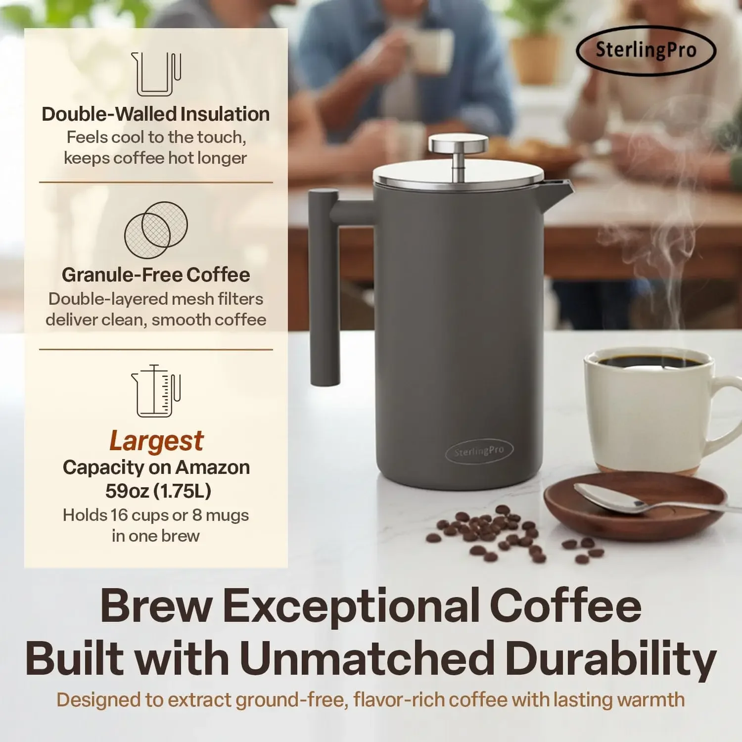 Extra Large Insulated Stainless Steel French Press Coffee Maker 59oz – Insulated Metal XL Double Wall Coffee Maker | Plastic Fre