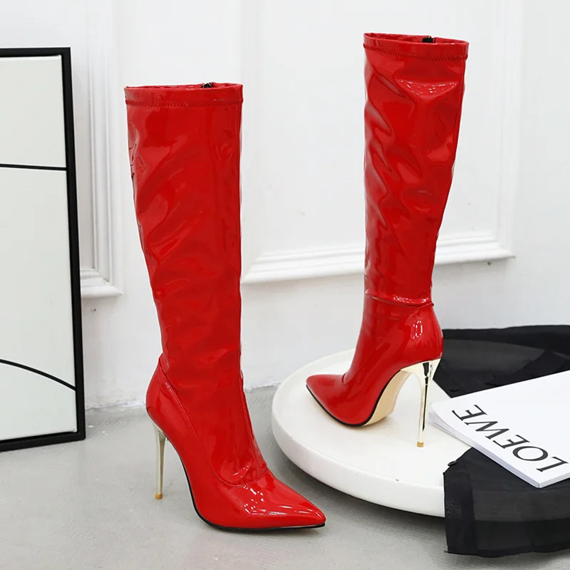 Women High Boots Sexy Zipper Black Red White Knee High Boot Thin Heels Patent Women\'s Autumn Winter Dance Shoes Large Size 45 48