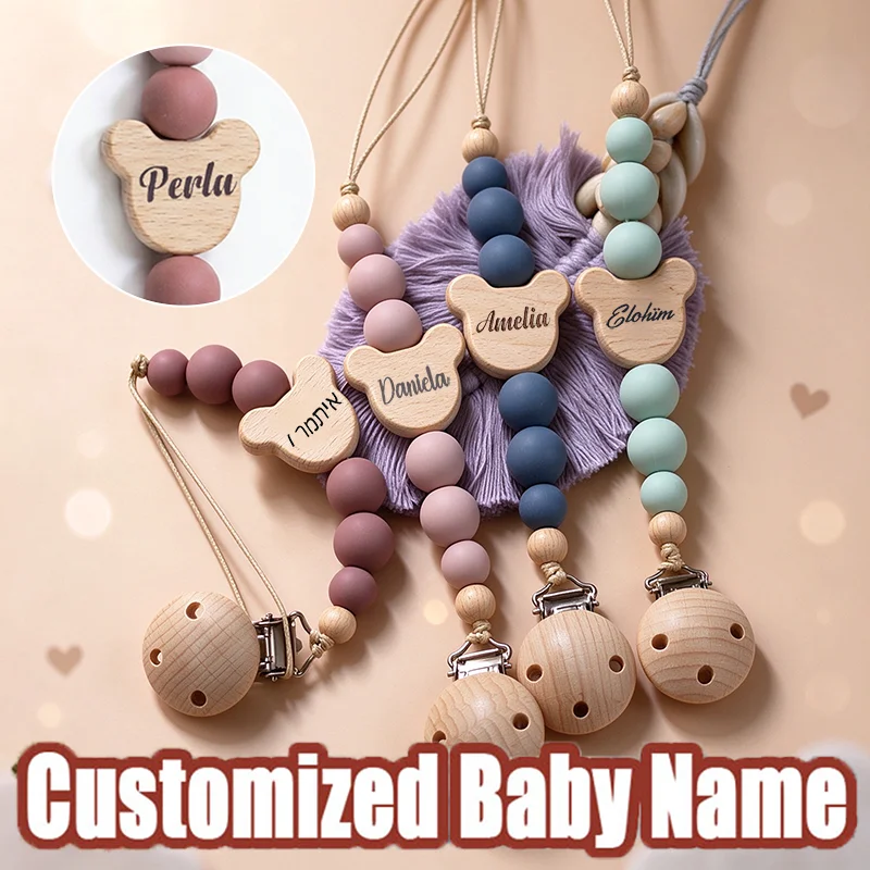 Personalized Custom Name Baby Pacifier Chain Clip Wood Silicone Bead Dummy Holder Teether Pendant Newborn Gift