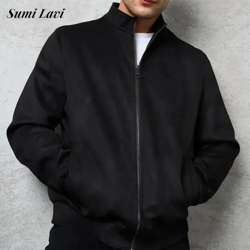 Fashionable Suede Jacket Mens Fall Winter Loose Solid Color Zipper Stand Collar Outwear Vintage Long Sleeve Men Coat