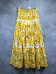 Women's Yellow Porcelain Printing Skirt, 100% Cotton, Empire High Street EXpansion Half Dresses, Fashion, Summer