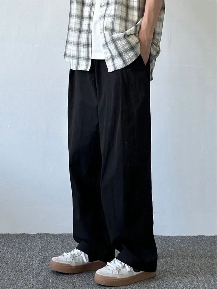 

Летние тонкие повседневные брюки из ледяного шелка в японском стиле, однотонные, с текстурой, свободного кроя, с эластичным поясом, длинные, для мужчин