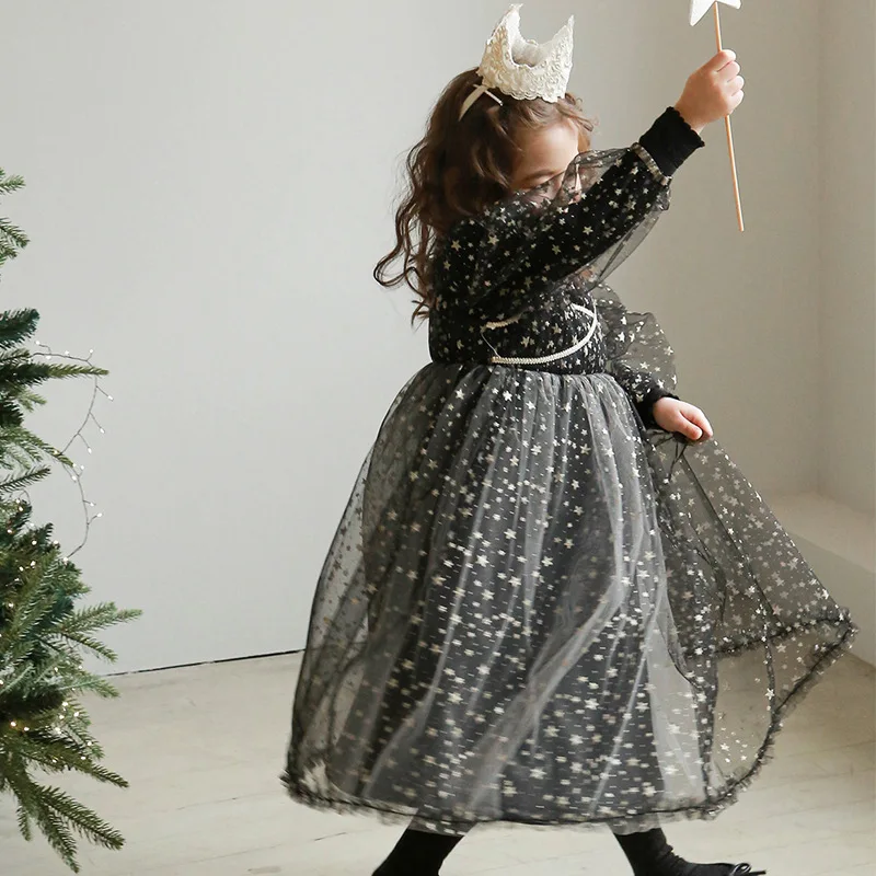 

Winter Autumn Baby Girls Shiny Dress French Elegant Black Tulle Lace Dresses Children Clothes Little Girl Party Princess Frocks