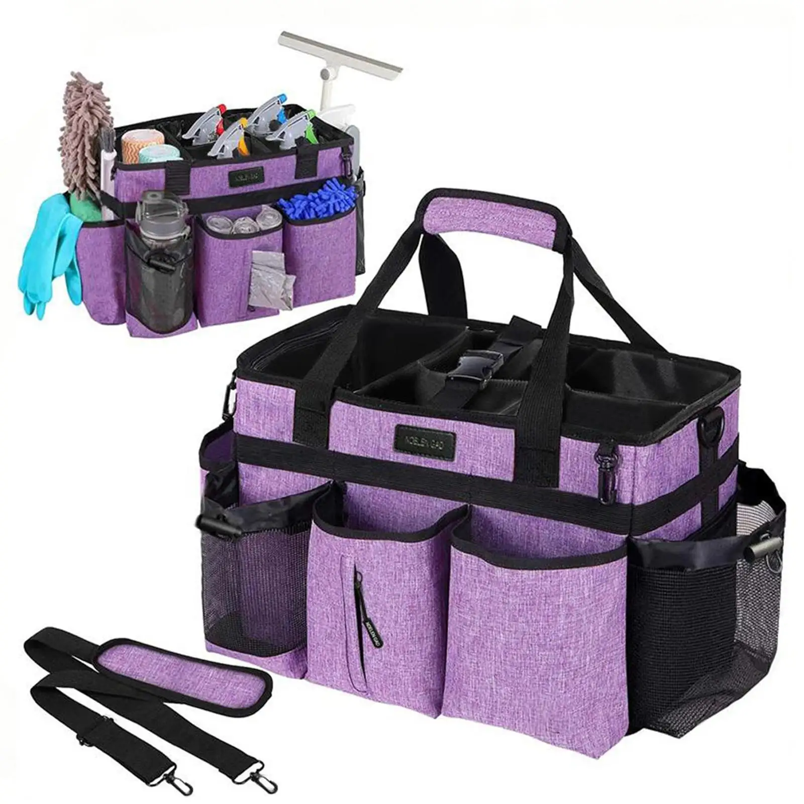 Large Wearable Cleaning Supplies Tote Bag with Adjustable Shoulder Strap and Waist Belt Multi-Pocket Housekeeping Caddy Organizer Storage Pouch for Household Janitorial Tools Purple