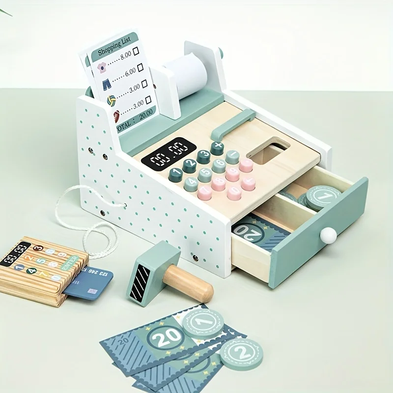 Simulação de madeira supermercado checkout contador brinquedo educação caixa registradora crianças role-play cozinha brinquedos crianças fingir jogar