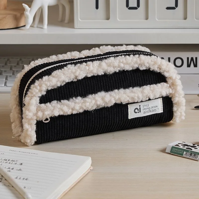 Creative Pencil Case Winter Fashion Simplicity Solid Color Wool Corduroy Pencil Bag High Capacity Stationery Storage Bag Student