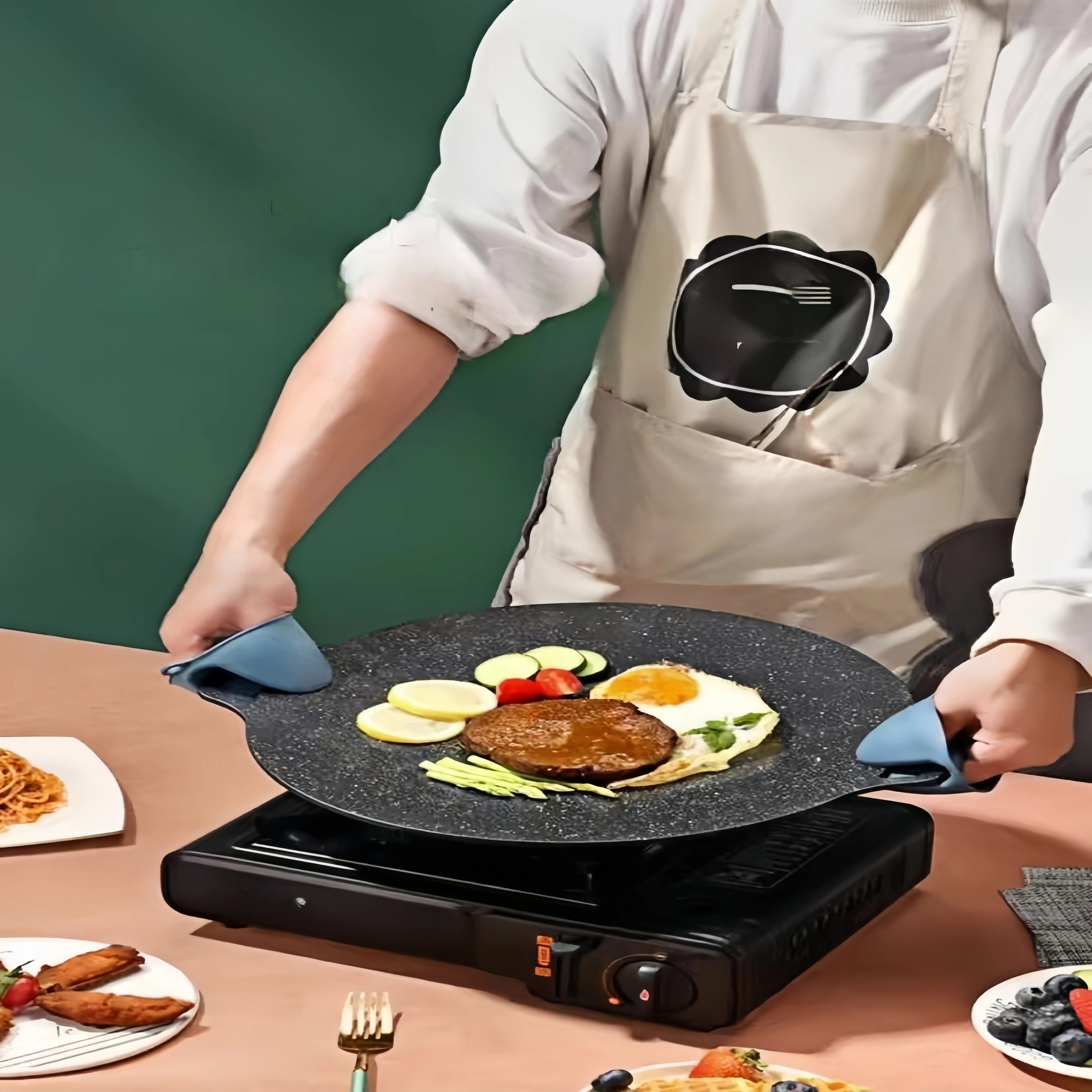 Große 28/30/32cm Gusseisen-Bratpfanne mit Flachboden Antihaftbeschichtetes Rundes Backblech Geeignet für Induktionsherde Tragbares BBQ-Tablett Ideal für