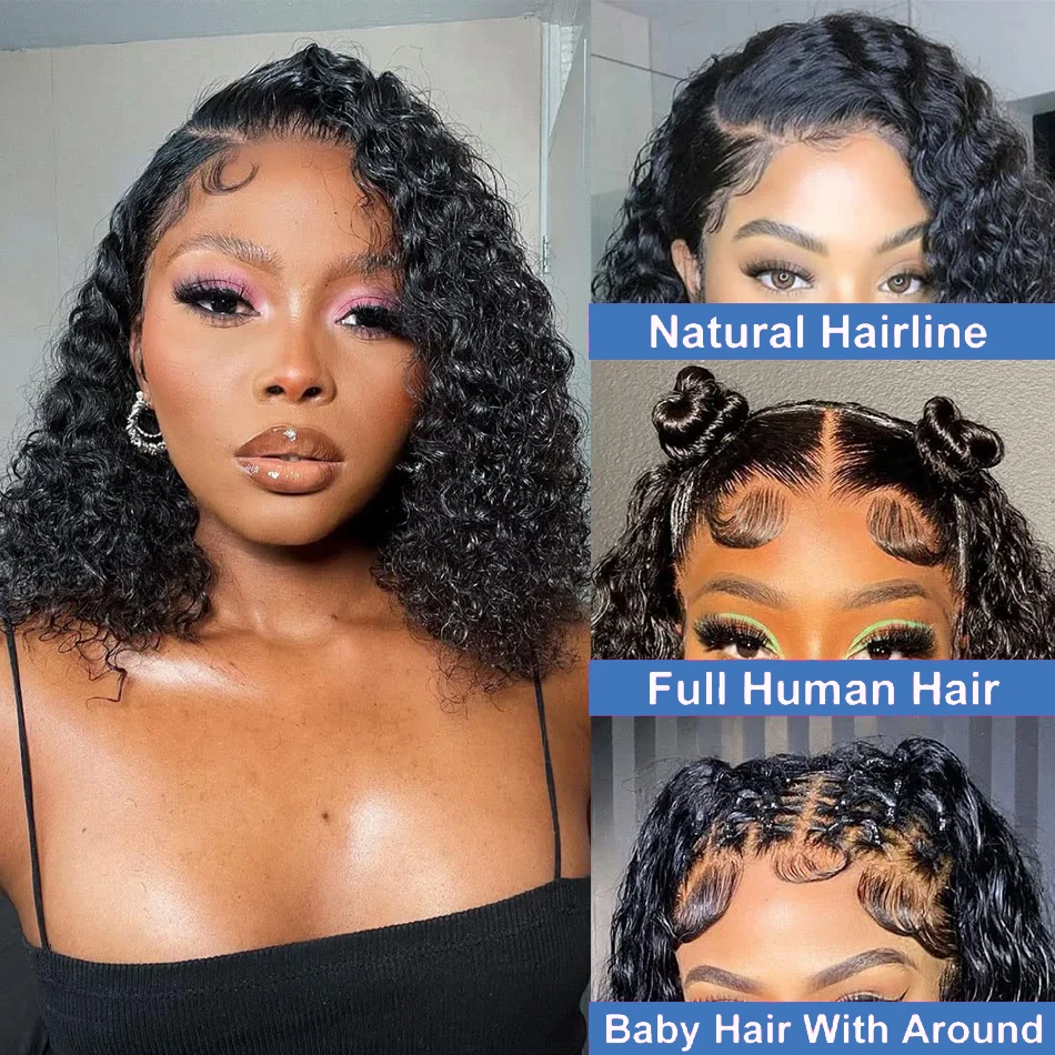 Deep Water Wave Short Bob 180% 13X4 Transparent Lace Frontal Human Hair Curly Wigs 13X4 Lace Front Wig 4x4 Closure for Women