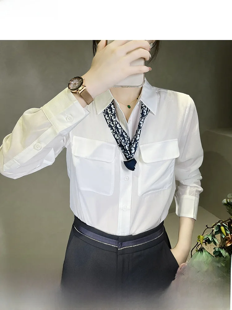 

Женская шелковая блузка с двойным воротником, белая, весенняя новинка, европейский стиль, с длинным рукавом, прямого кроя