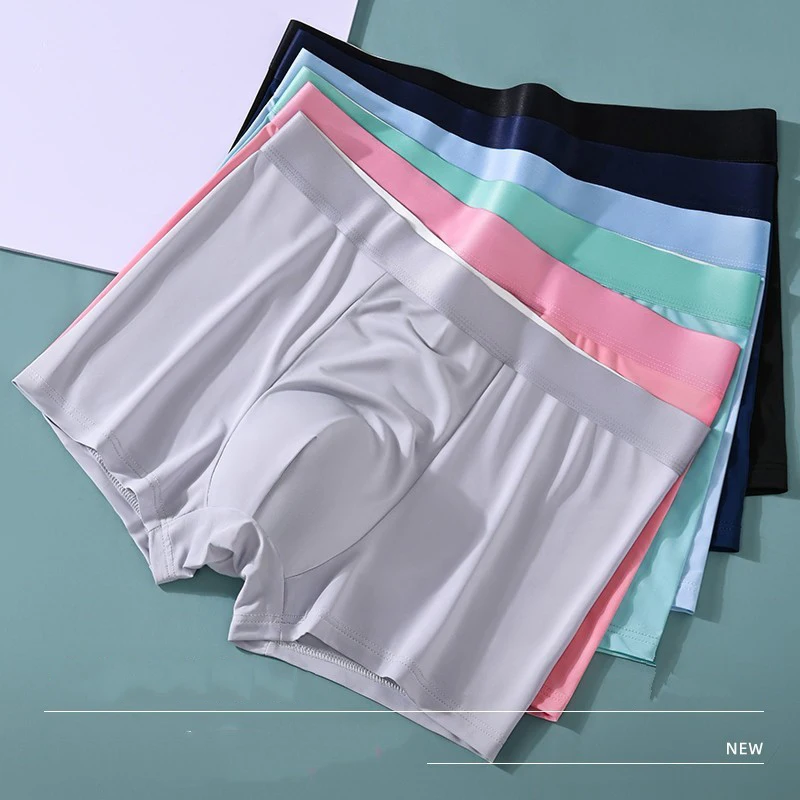Ice Silk Men Underwear Male Breathable Crotch Solid Color Cotton Mid Waist Boxer Shorts Loose Soft Elastic Boxer Underwear Cloth