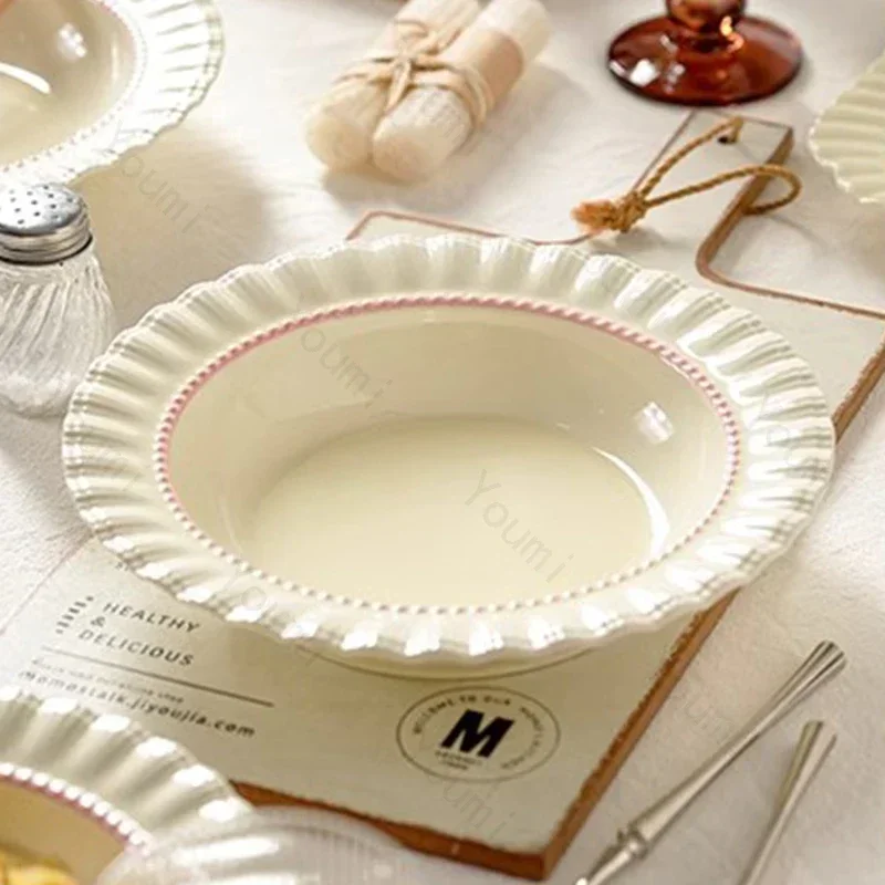 French Style Circular Ceramic Plate Light Luxury Restaurant Pasta Dining Plates Afternoon Tea Dessert Plate Exquisite Tableware