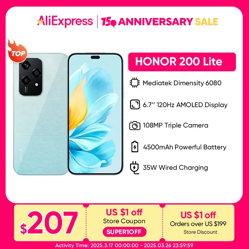 2024 Global Version HONOR 200 Lite 256 GB ROM 5G Smartphone Mediatek Afmeting 6080 6,7 '' 90 Hz AMOLED-display 108 MP Hoofdcamera