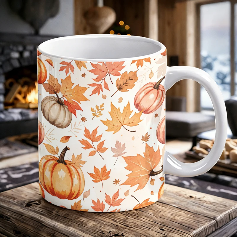 

11 oz Pumpkin Maple Leaf Handle Ceramic Mug, Full Print Pattern Coffee Cup, Insulated Milk Cup, Office Water Cup, Fade-Resistant