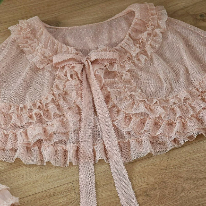 Summer Sweet Lolita Short Shawl Coats Women Kawaii Ruffles Lace Mesh Bow Open Front Poncho Vintage Elegant Princess Capes Wrapa view 6