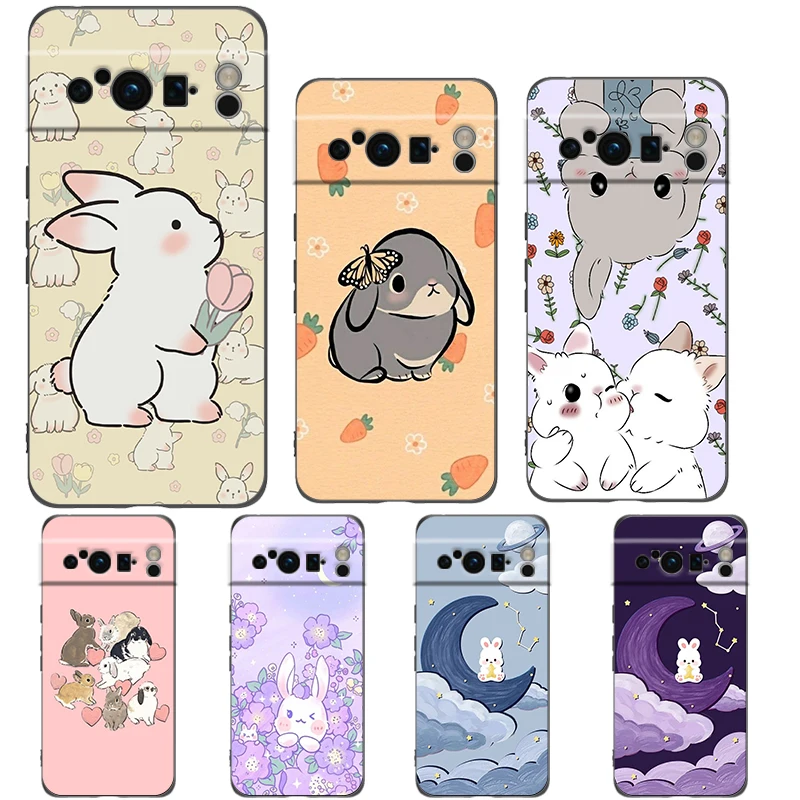 Sevimli Renkli Tavşan Telefon Kılıfı Google Pixel 9 8 7 6 Pro XL 8A 7A 6A TPU Kabuk Yumuşak Darbeye Dayanıklı Siyah Kapak