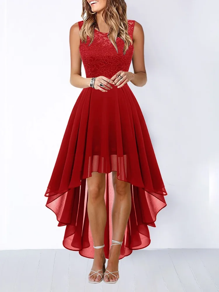 

Women Red Lace High Low Dress Sleeveless Round Neck Chiffon A Line High Waist Sexy Party Cocktail Formal Dresses
