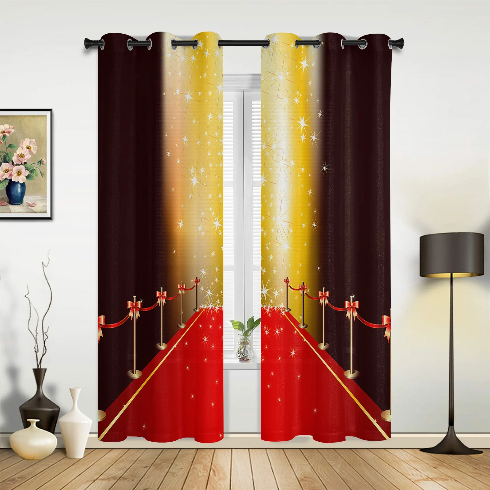 Red Carpet Red Bow Glitter Stars Black Curtains Modern Living Room Decor Window Treatments Drapes  Balcony Kitchen  Curtain