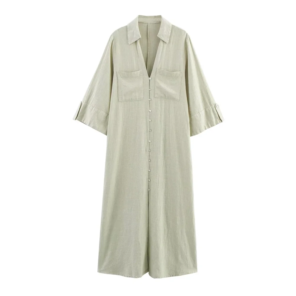 ชุดเดรสสไตล์เสื้อเชิ้ตผู้หญิง ตกแต่งด้วยกระดุมปก สำหรับฤดูใบไม้ผลิและฤดูร้อน เสื้อผ้าลำลองสำหรับผู้หญิง