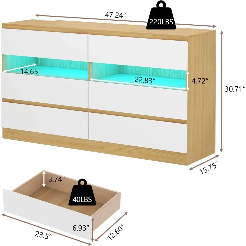 6 Drawer Dresser with Power Outlet, Modern Chest of Drawers with LED Light, Double Wide Drawer Dresser Organizer Cabinet