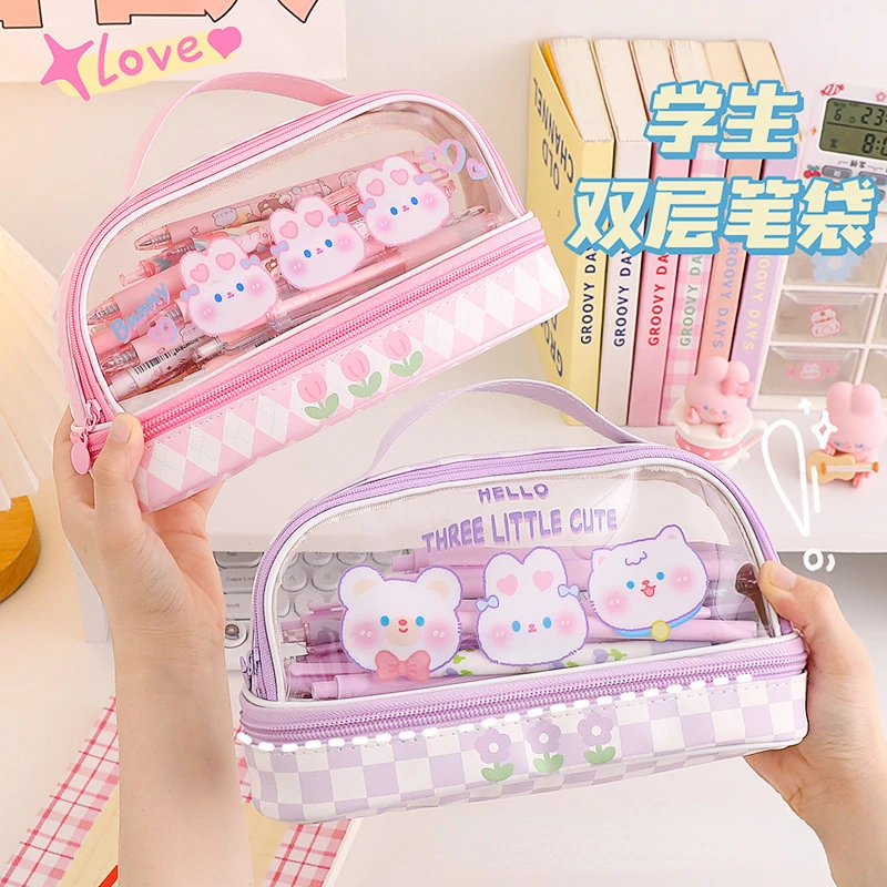 Kawai Cartoon Large Capacity Makeup Case Cute Baer Rabbit Portable Lipstick Cosmetic Bag Student Pencil Case Storage Washing Bag