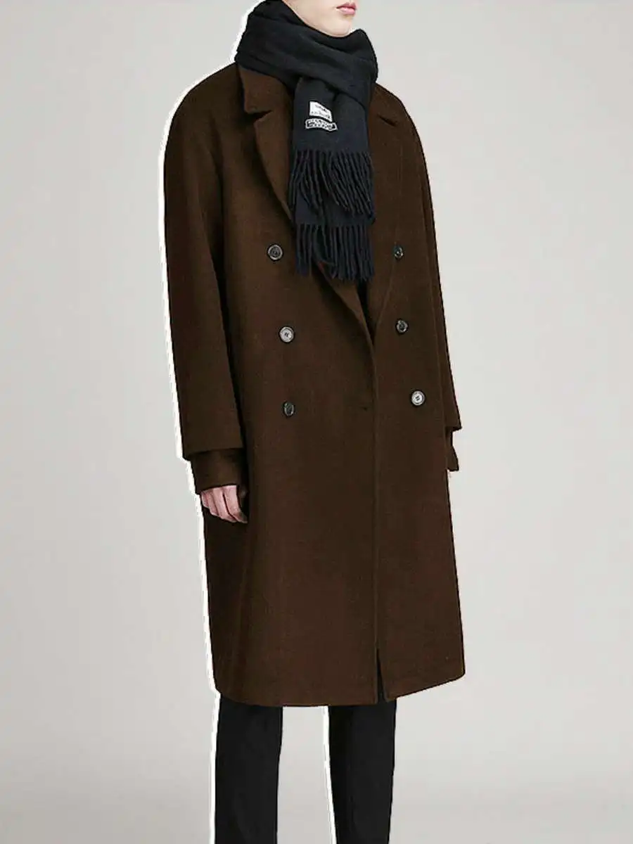 New Men's Woolen Coat Medium Length Thick Korean Style Autumn Winter Outerwear PU Material Long Coat with Pocket Design