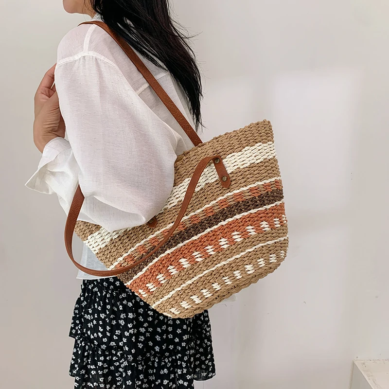 LEFTSIDE Stripe Design Large Straw Tote Bags for Women 2024 Fashion Summer Shoulder Bags Lady Travel Handbags Weave Beach Bag