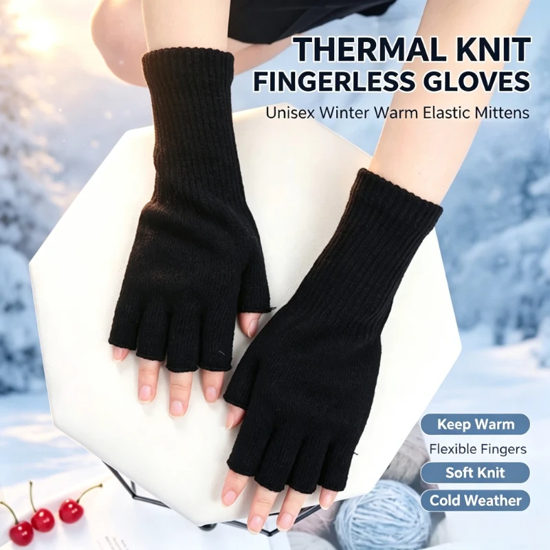 2026 Thermal Knitted Fingerless Gloves for Men Women Winter Warm Elastic Touchscreen Mittens for Cycling Driving Office Work
