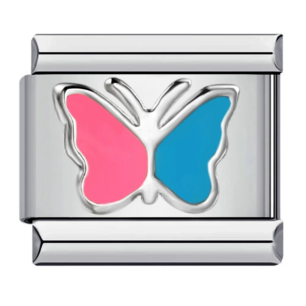 GEMOSA Wholesale Indirect Color Red Purple Blue Powder Butterfly Stainless Steel Charm Link Italian Fit 9mm Jewelry DIY Bracelet