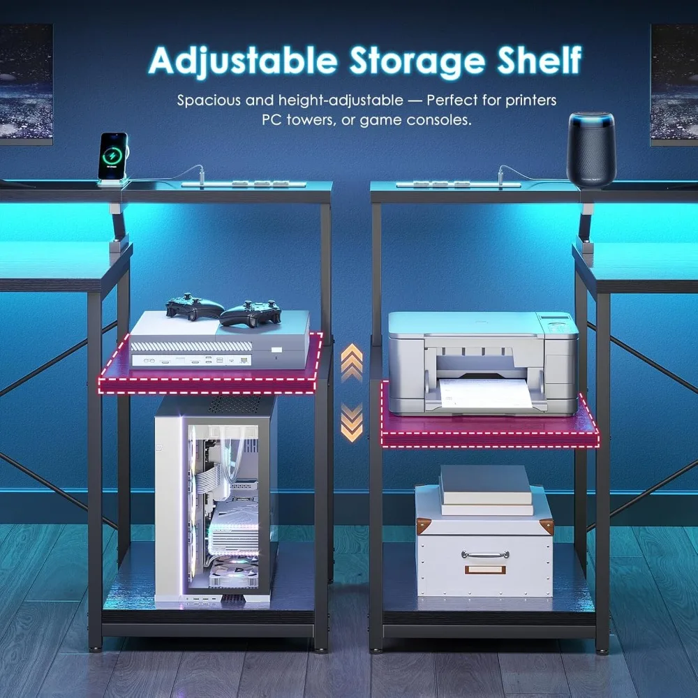 مكتب ألعاب كمبيوتر مقاس 55 بوصة مع منافذ طاقة و4 أدراج، مكتب منزلي مع حامل شاشة وأرفف طابعة، أسود