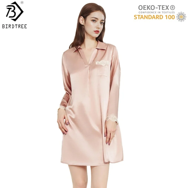 Birdtree,OEKO-TEX, 100%  Silk Long Solid Nightshirt,Women Half Sleeve Lapel Homewear Sleep Pajamas,2025 New D5D008JF