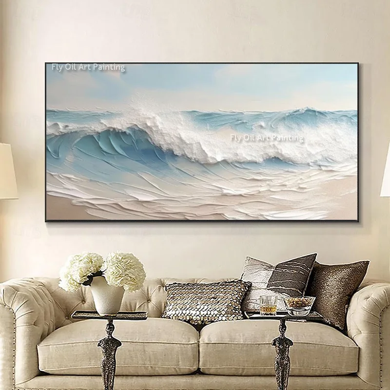 New Design Handmade Blue White Yellow Seascape Oil Painting Original Artwork Sea Sunset Wall Art On Canvas For Living Room Decor