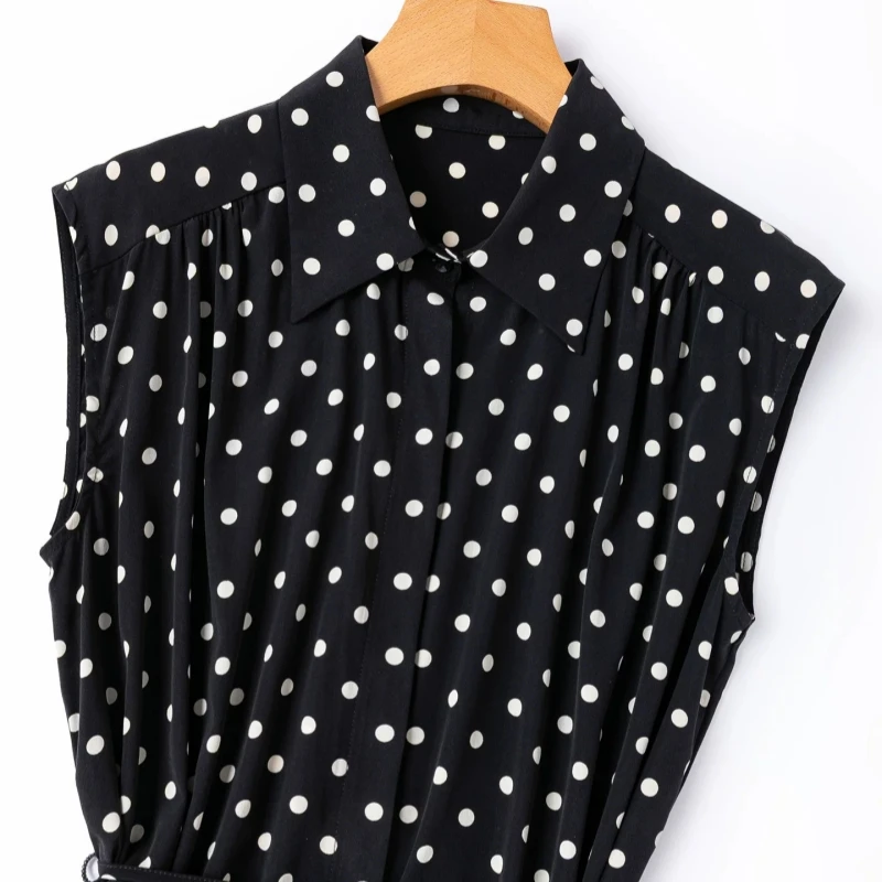 Birdtree, 93% Silk 7% Spandex Dot Print Blouse, Sleeveless Lapel Shirt, Women Double Crepe Sash Elegant Tops, 2026 New T66308JF
