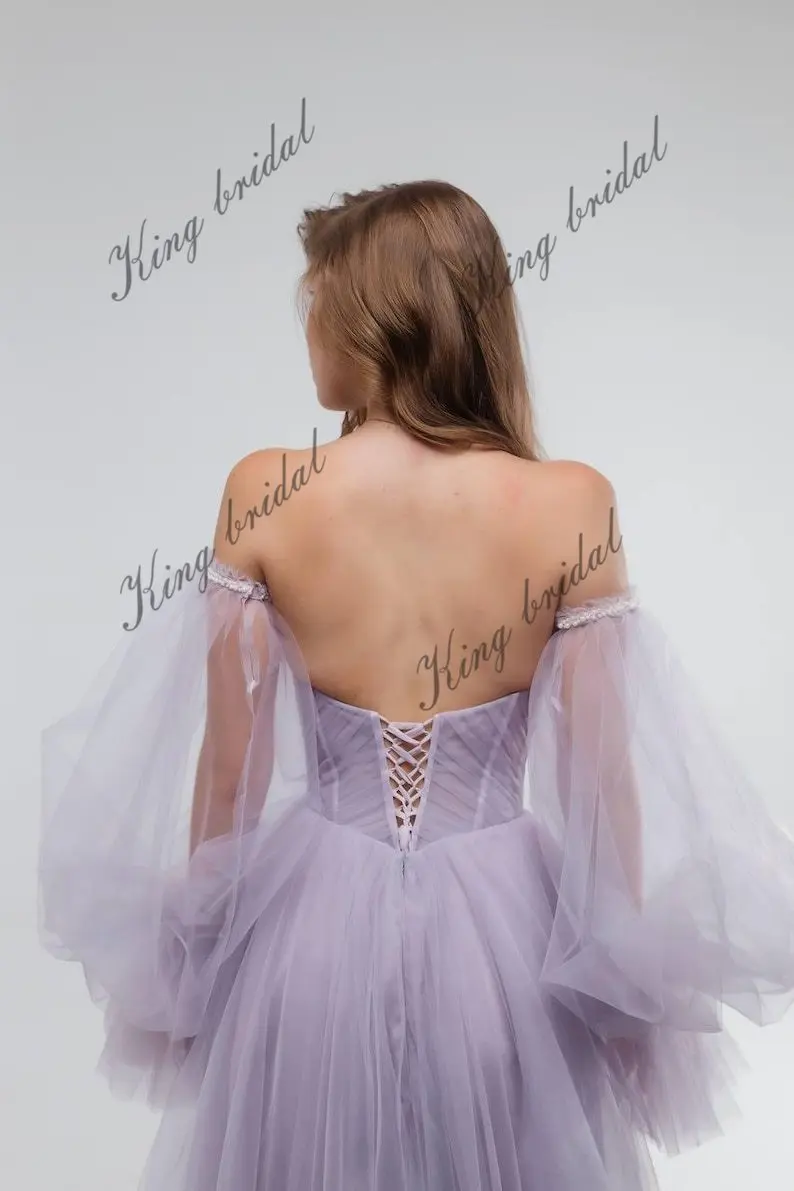 فستان زفاف من التول الخزامى - فستان زفاف بوهو حالم بألوان مخصصة للحفلات الراقصة فساتين السهرة والحفلات