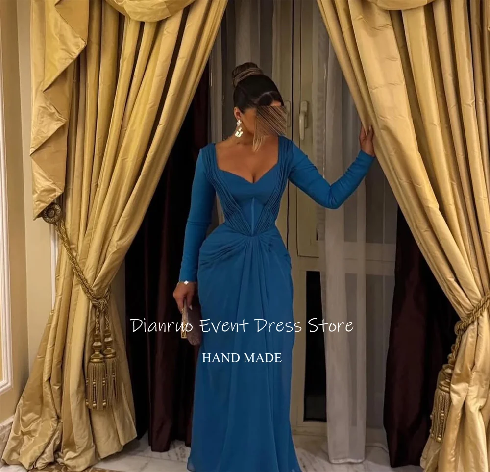 Dianruo Blau Geraffte Schatz Abendkleider Elegante Lange Ärmel Abendkleider Dubai Chiffon Kleider Für Frauen 2025, Angepasst