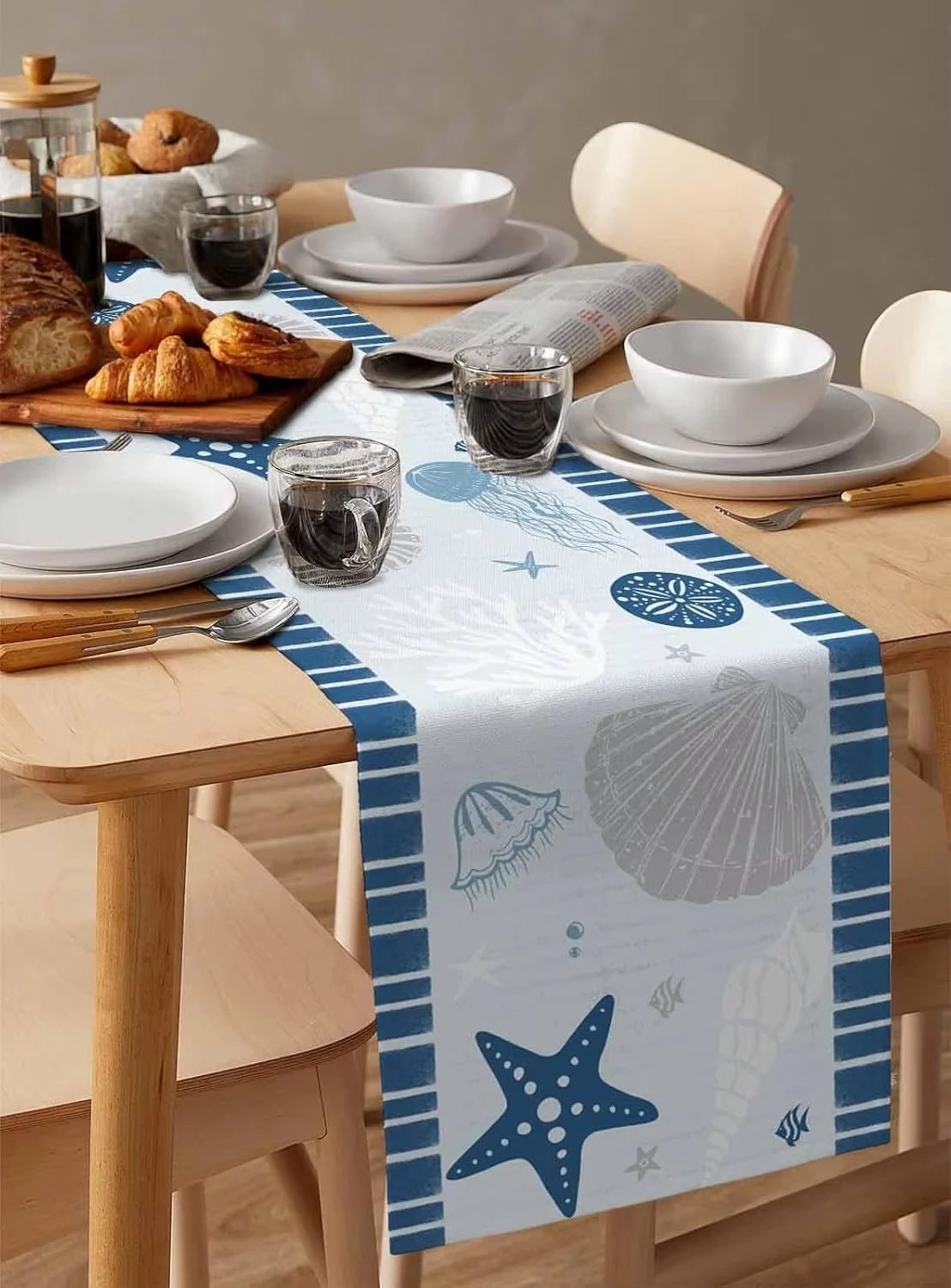 مفرش طاولة بلو أوشن مع مرجان قنديل البحر على شكل صدف نجم البحر، ديكور حفلات العطلات لطاولة طعام المطبخ #4