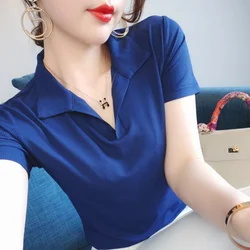 Polo Neck Tee Shirts Woman Trend 2025 Summer Pullover Youth Slim T-Shirt Y2k Plain Original Top Polyester Light Blue Aesthetic