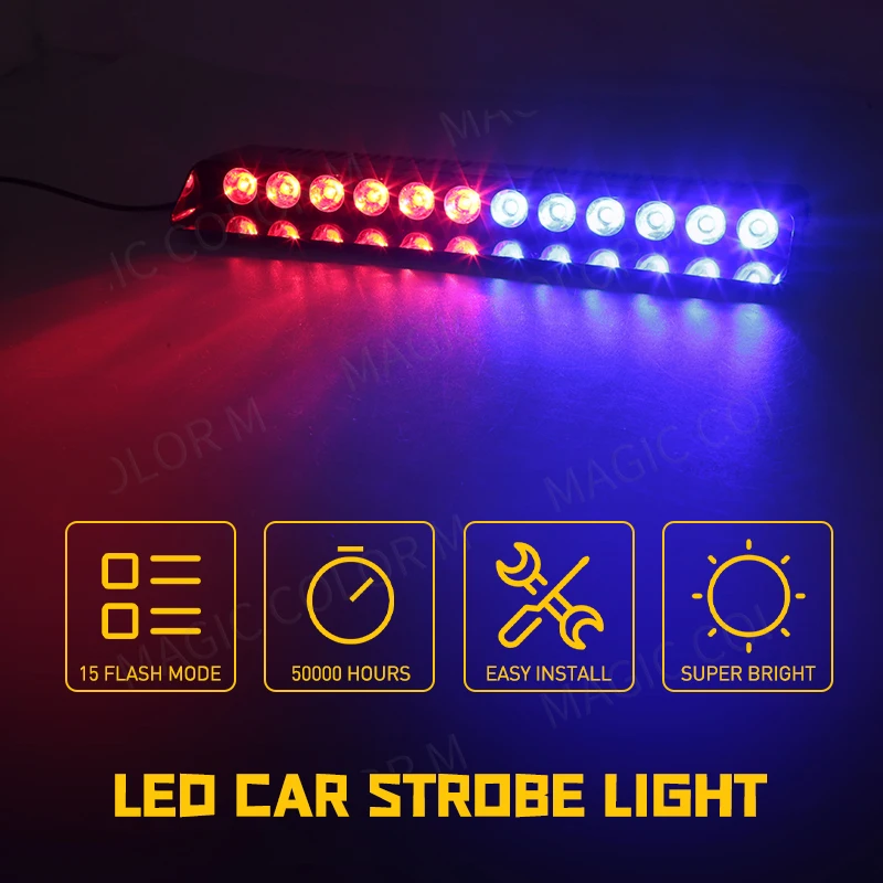12 LED Car Strobe Lights Car Front Warning Lamp Flash Parking Signal Warning Lamp Windshield Yellow/White Waterproof 12V 12W