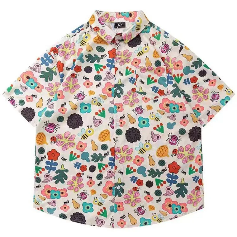 Chic Cartoon Flower Insects Full Printed Lapel Shirts Harajuku Couples Students Oversized Short Sleeve Blouse Summer Kawaii Tops