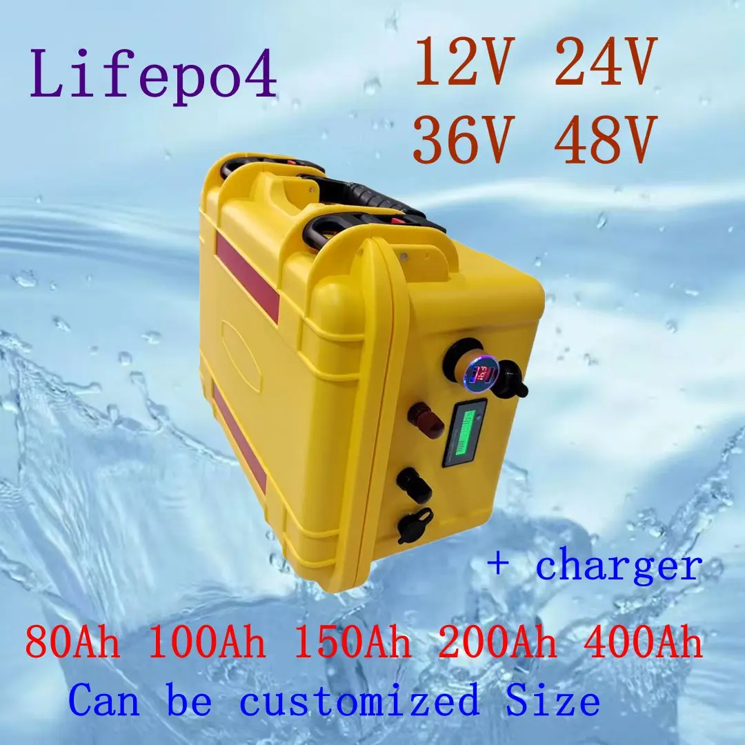 Waterproof Lifepo4 Battery with BMS 12V 24V 36V 48V - 80Ah 100Ah 150Ah 200Ah 400Ah for Trolling Motor Boat RV with Charger