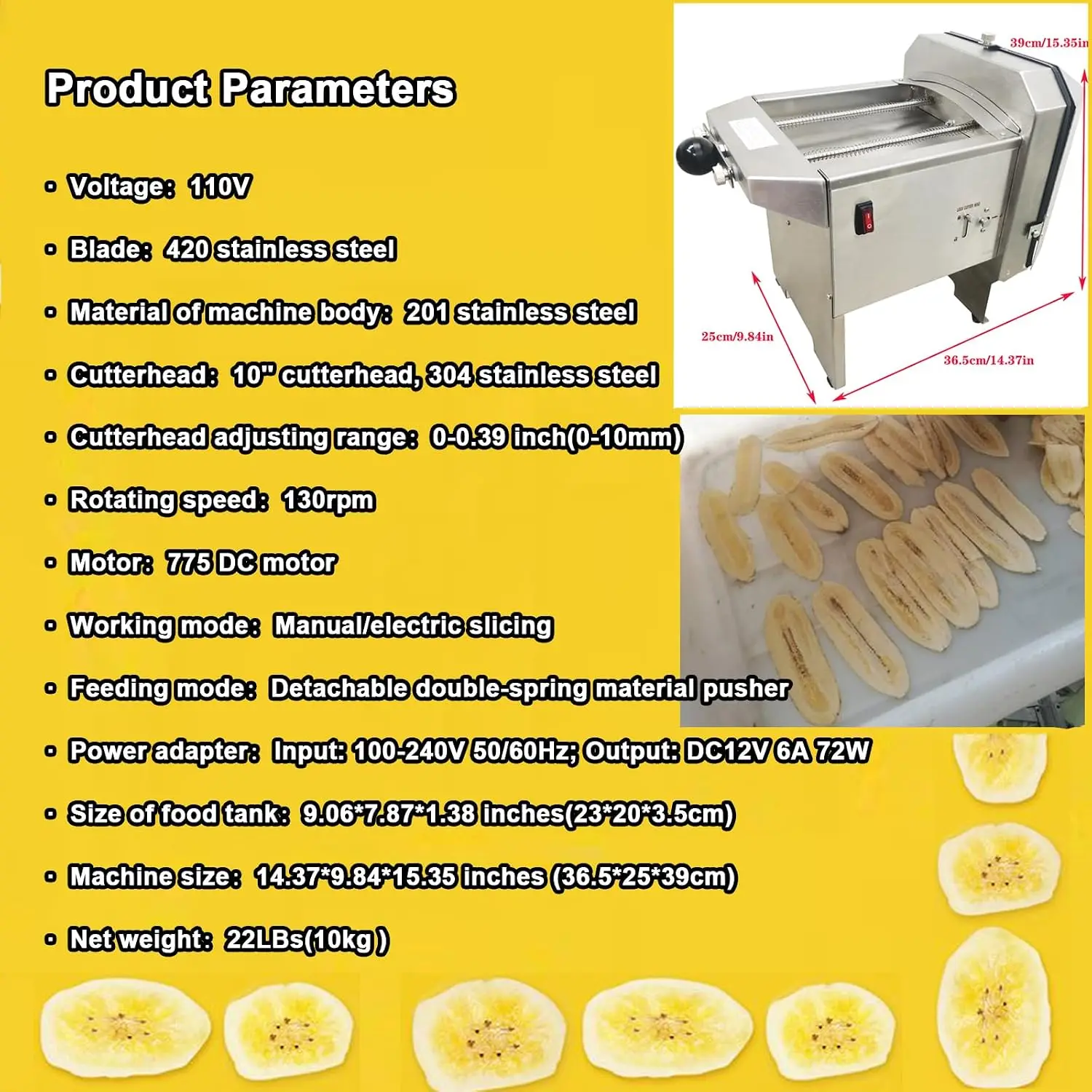 Electric Banana Slicer Machine, Commercial Vegetable Slicer, Manual/Electric Fruit Cutter 10'' Stainless Steel Cutter Head & Adj