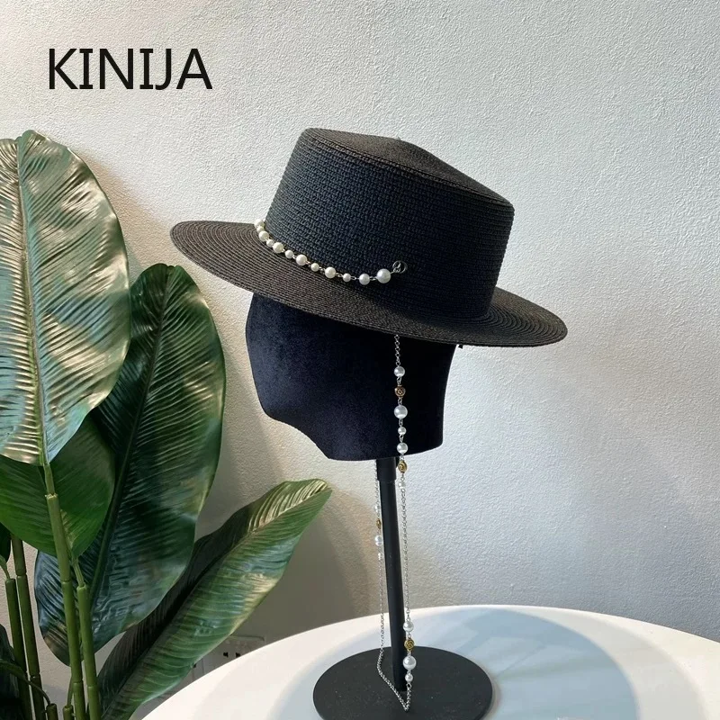 Summer Elegant Pearl Chain Flat Sun Hats for Women Chapeau Feminino Straw Hat Panama Wide Brim Anti-UV Beach Cap Girl Hat Gift