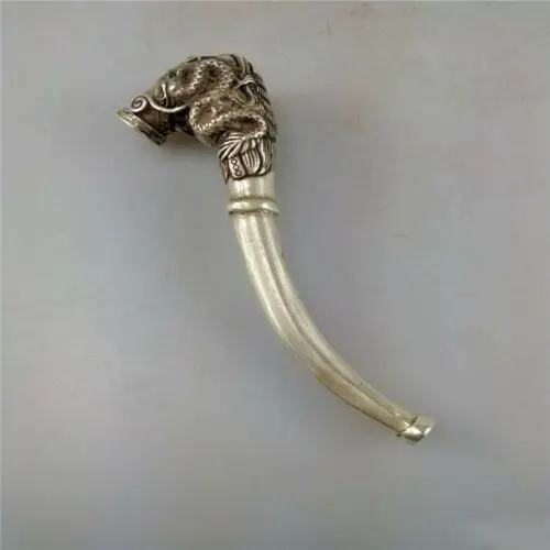 Rare Old Tibet Copper & Silver Smoking Pipe Statue with Sacred Opening Dragon Head Traditional Tibetan Artifacts