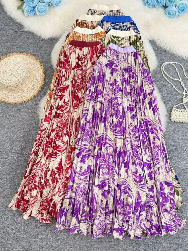2026 Summer Bohemian Floral Casual Pleated Skirt Women High Waist A-line Elegant Versatile Beach Party Long Skirt