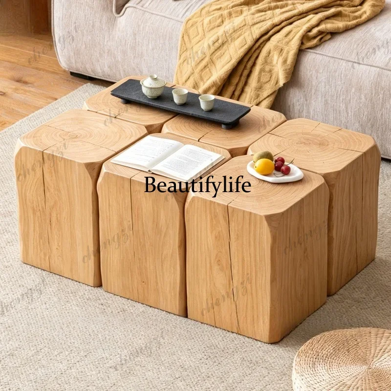 K153  Solid wood coffee table combination Solid wabi-sabi wind deep pattern retro old edge log ornament