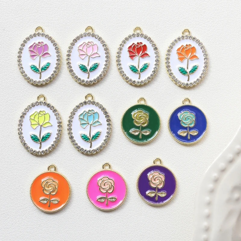 1pcs Retro Color Rose Alloy Drop Oil Round Card Pendant Diy Handmade Jewelry Earrings Necklace Keychain Accessories Charms